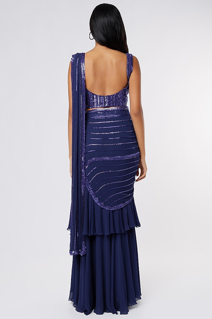 Royal Blue Tiered Ruffled Wedding Saree Set With Kashti Work by Kresha Lulla at Pernia's Pop Up Shop