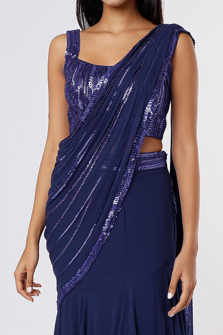 Royal Blue Tiered Ruffled Wedding Saree Set With Kashti Work by Kresha Lulla at Pernia's Pop Up Shop