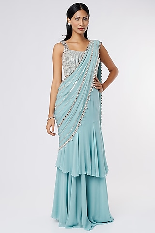 Sky Blue Tiered Ruffled Saree Set With Mirror Work by Kresha Lulla