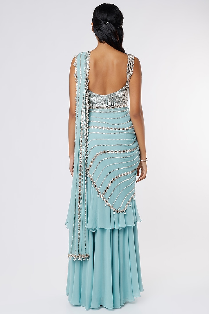 Sky Blue Tiered Ruffled Wedding Saree Set With Mirror Work by Kresha Lulla at Pernia's Pop Up Shop