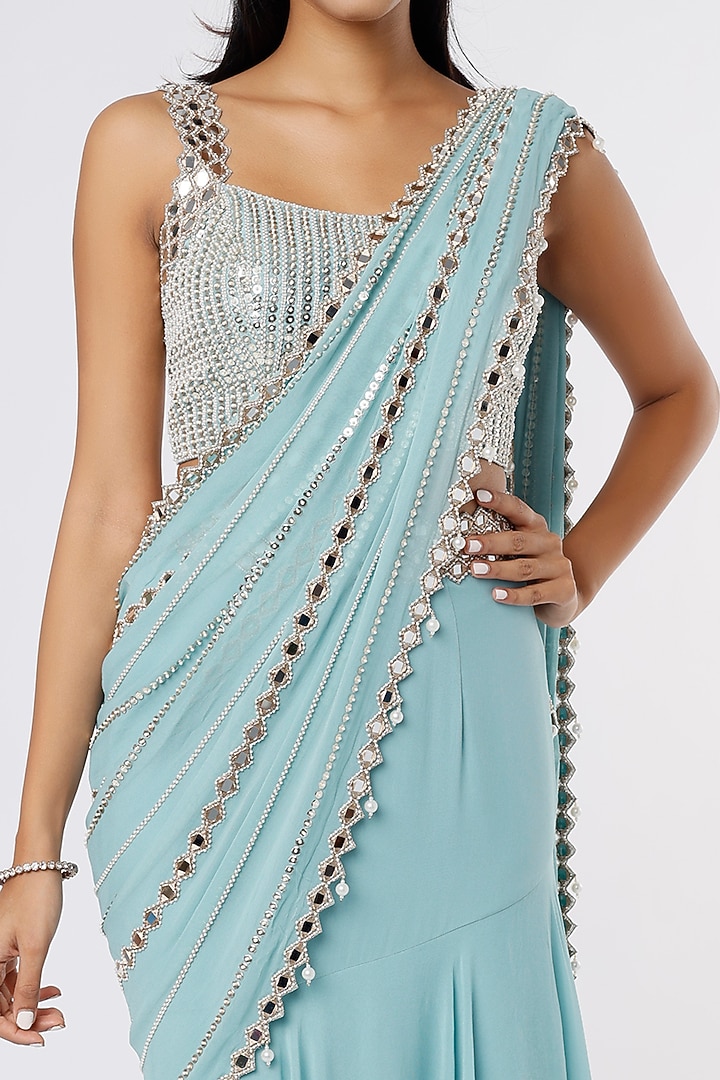 Sky Blue Tiered Ruffled Wedding Saree Set With Mirror Work by Kresha Lulla at Pernia's Pop Up Shop