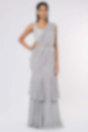 Grey Tiered Ruffled Saree Set With Kashti Work by Kresha Lulla