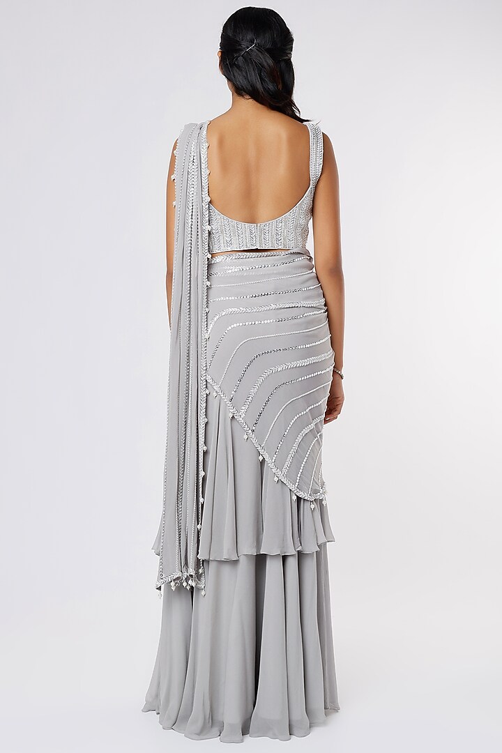 Grey Tiered Ruffled Wedding Saree Set With Kashti Work by Kresha Lulla at Pernia's Pop Up Shop