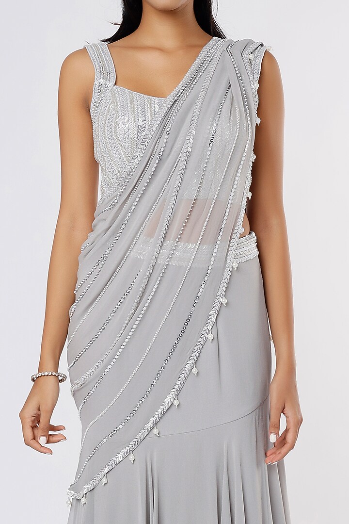 Grey Tiered Ruffled Wedding Saree Set With Kashti Work by Kresha Lulla at Pernia's Pop Up Shop