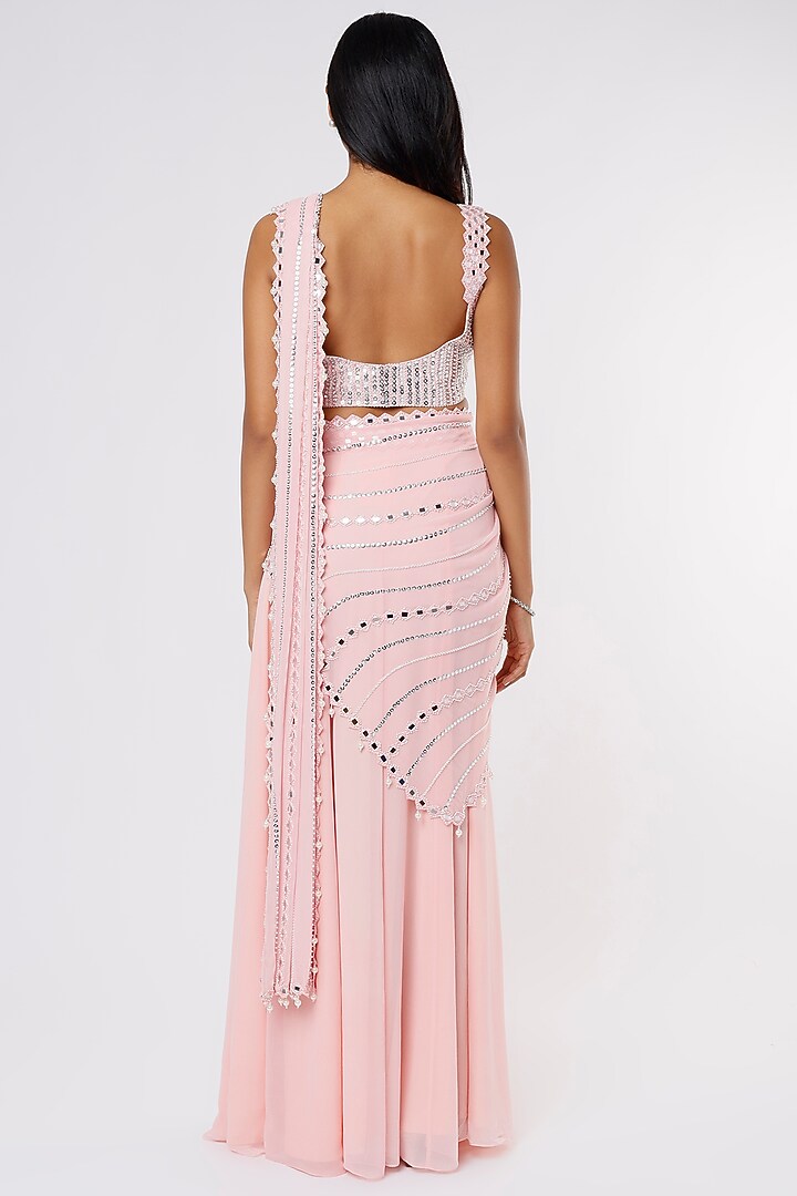 Pastel Pink Georgette & Raw Silk Mirror Work Wedding Lehenga Saree Set by Kresha Lulla at Pernia's Pop Up Shop