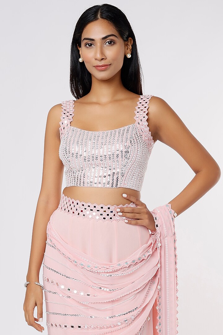 Pastel Pink Georgette & Raw Silk Mirror Work Wedding Lehenga Saree Set by Kresha Lulla at Pernia's Pop Up Shop