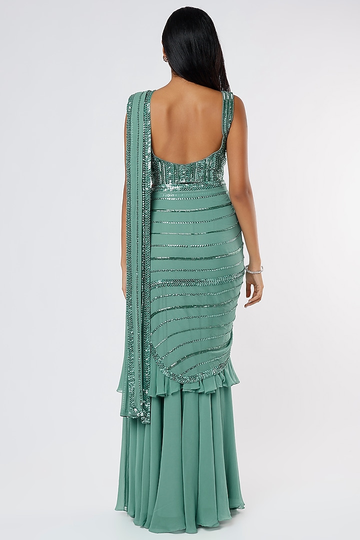 Sage Green Georgette Tiered Ruffled Wedding Saree Set by Kresha Lulla at Pernia's Pop Up Shop