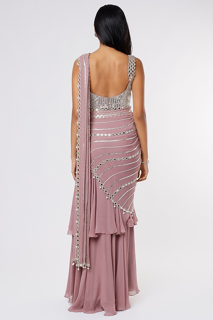 Mauve Raw Silk Mirror Embroidered Tiered Ruffled Wedding Saree Set by Kresha Lulla at Pernia's Pop Up Shop