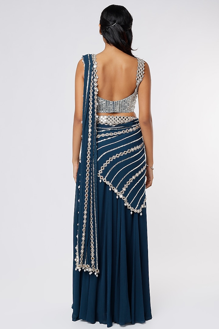 Teal Blue Raw Silk & Georgette Mirror Work Wedding Lehenga Saree Set by Kresha Lulla at Pernia's Pop Up Shop