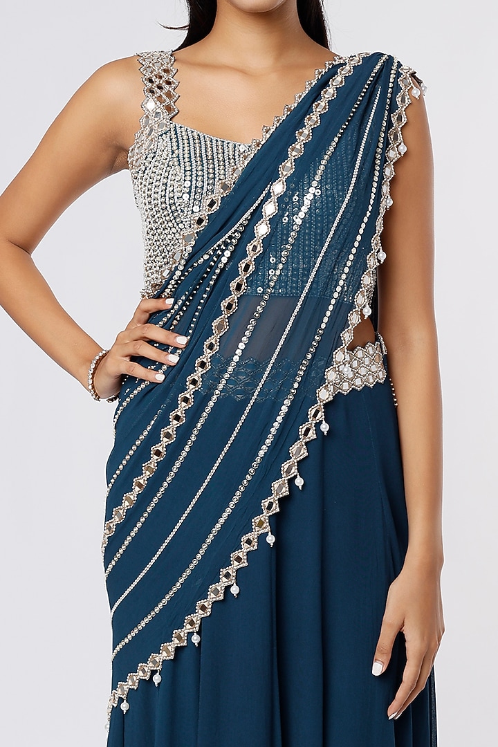 Teal Blue Raw Silk & Georgette Mirror Work Wedding Lehenga Saree Set by Kresha Lulla at Pernia's Pop Up Shop