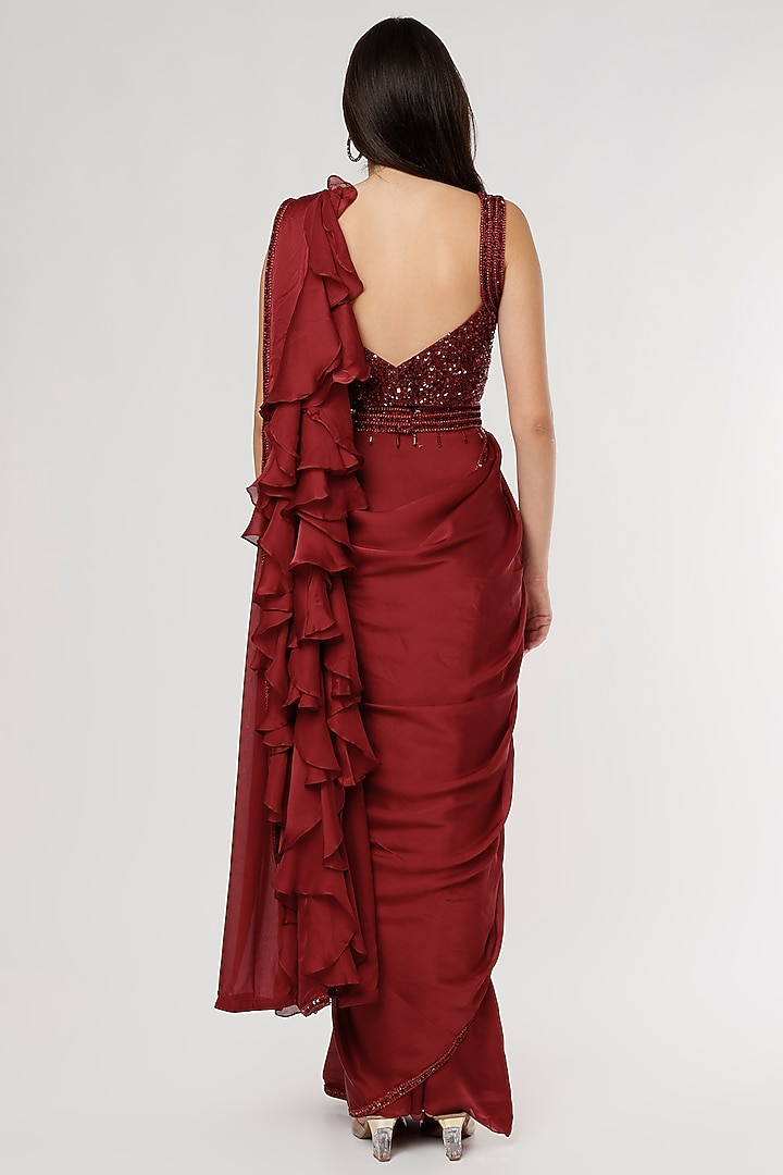 Maroon Embroidered Ruffled Wedding Saree Set by Kresha Lulla at Pernia's Pop Up Shop