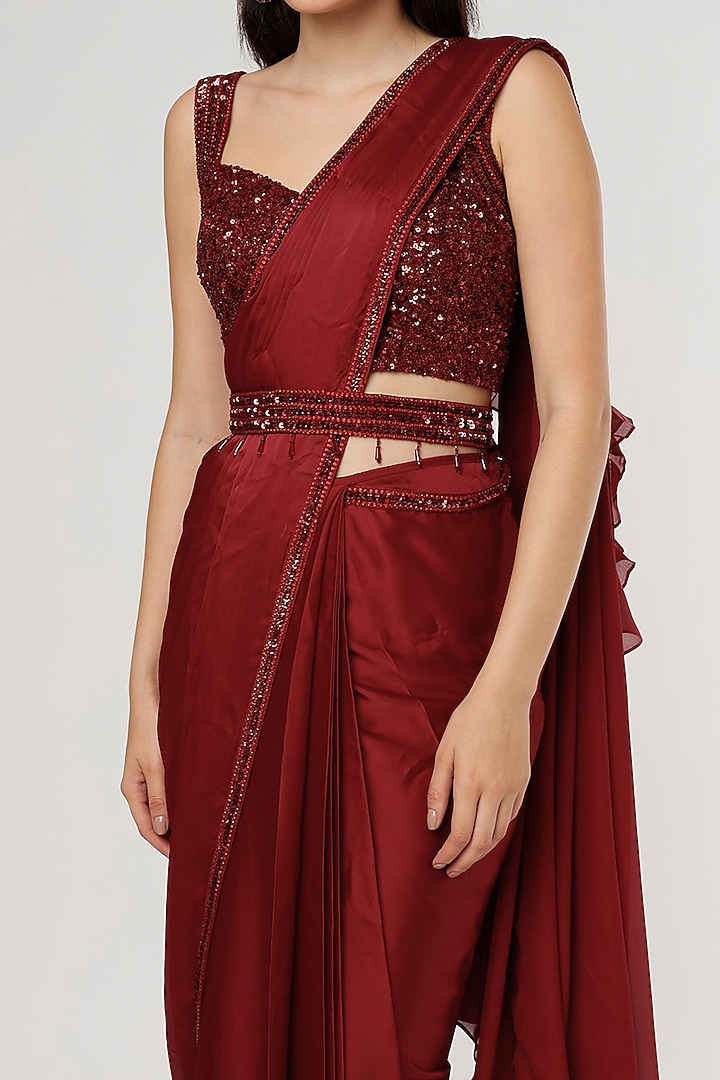Maroon Embroidered Ruffled Wedding Saree Set by Kresha Lulla at Pernia's Pop Up Shop