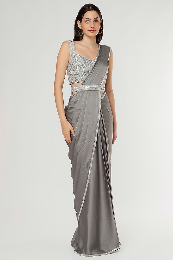 Silver Satin Sequins Embroidered Ruffled Wedding Saree Set by Kresha Lulla at Pernia's Pop Up Shop