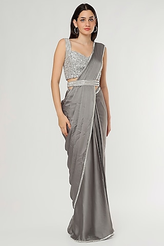 Silver Satin Sequins Embroidered Ruffled Saree Set by Kresha Lulla