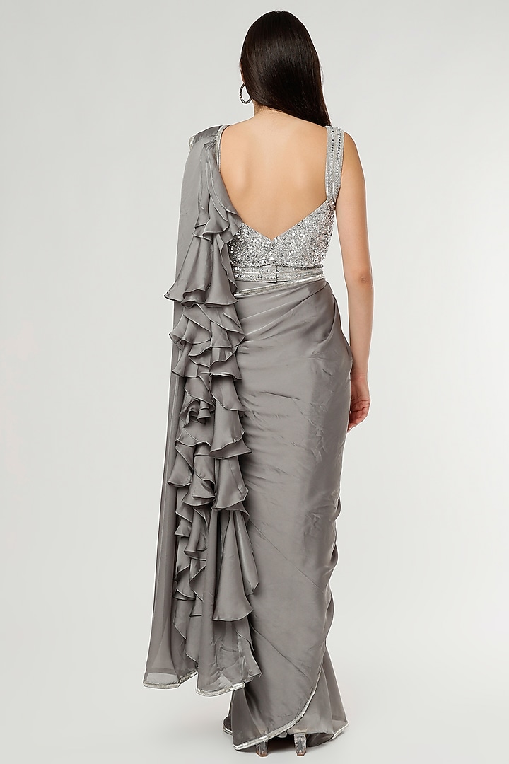 Silver Satin Sequins Embroidered Ruffled Wedding Saree Set by Kresha Lulla at Pernia's Pop Up Shop
