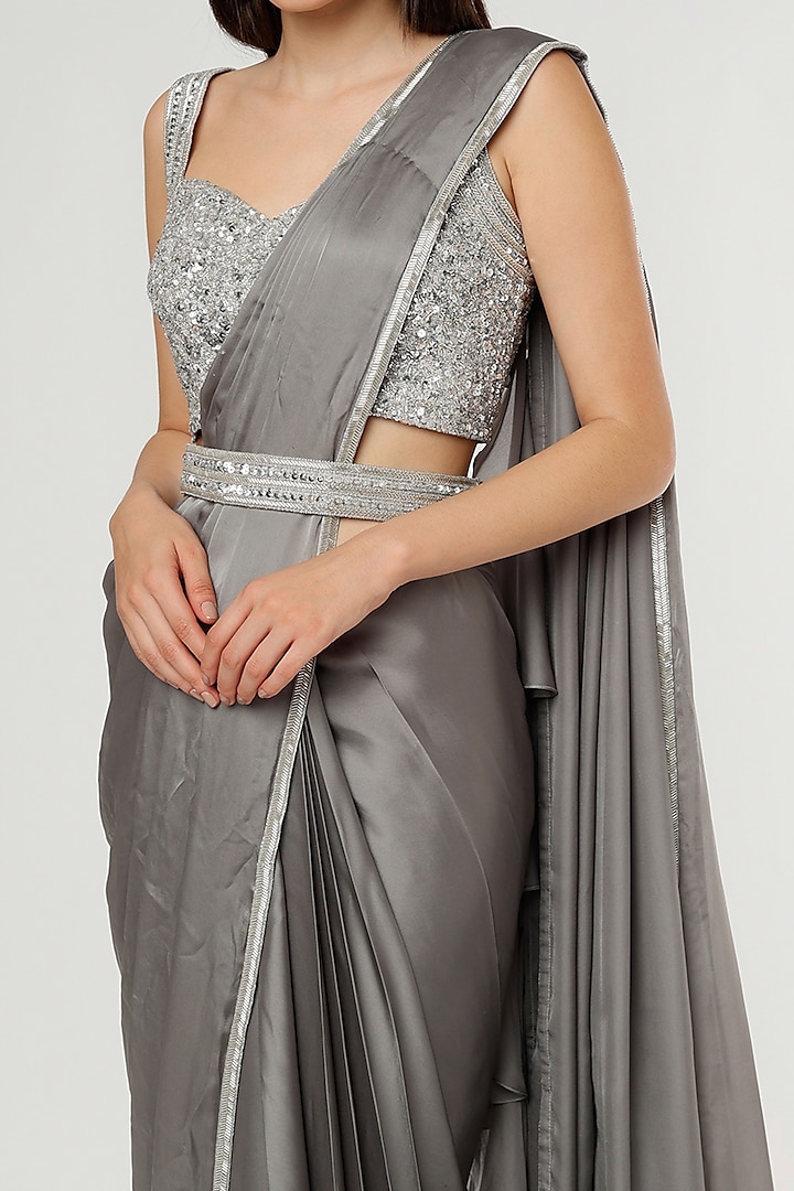 Silver Satin Sequins Embroidered Ruffled Wedding Saree Set by Kresha Lulla at Pernia's Pop Up Shop