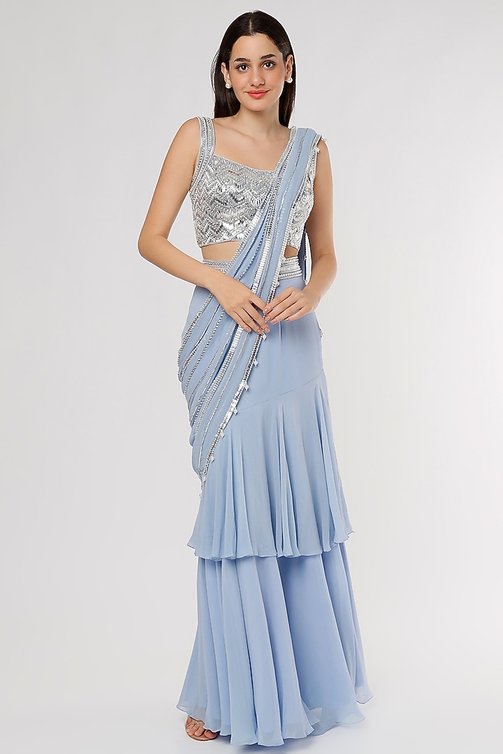Periwinkle Blue Georgette & Raw Silk Sequins Embroidered Pre-Stitched Tiered Wedding Saree Set by Kresha Lulla at Pernia's Pop Up Shop