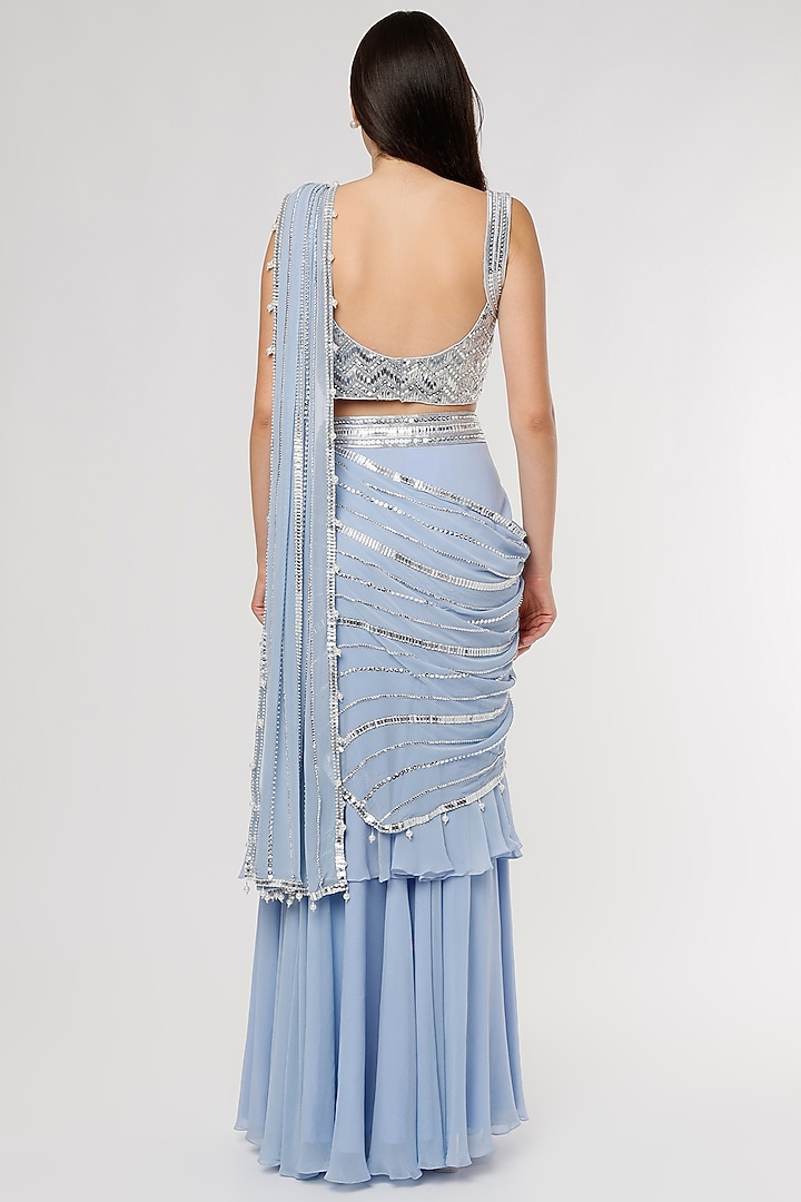 Periwinkle Blue Georgette & Raw Silk Sequins Embroidered Pre-Stitched Tiered Wedding Saree Set by Kresha Lulla at Pernia's Pop Up Shop
