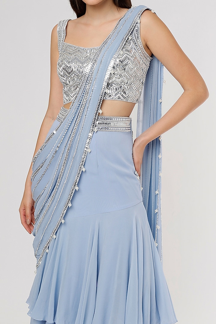 Periwinkle Blue Georgette & Raw Silk Sequins Embroidered Pre-Stitched Tiered Wedding Saree Set by Kresha Lulla at Pernia's Pop Up Shop