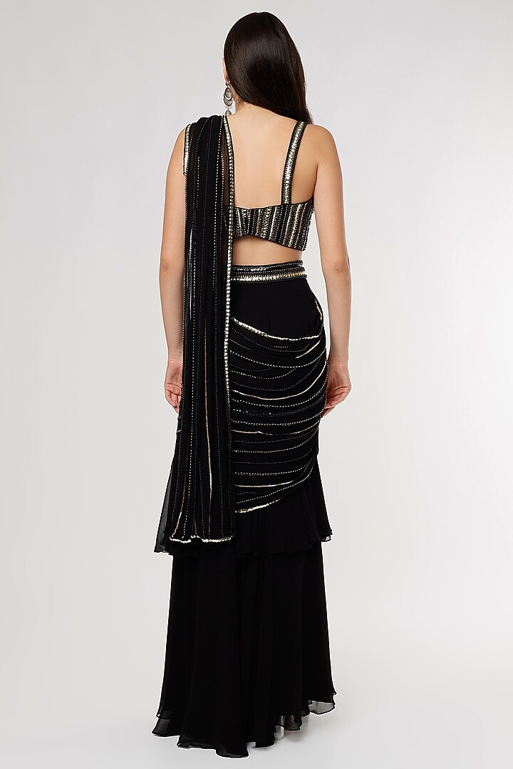 Black Georgette Tiered Wedding Saree Set by Kresha Lulla at Pernia's Pop Up Shop