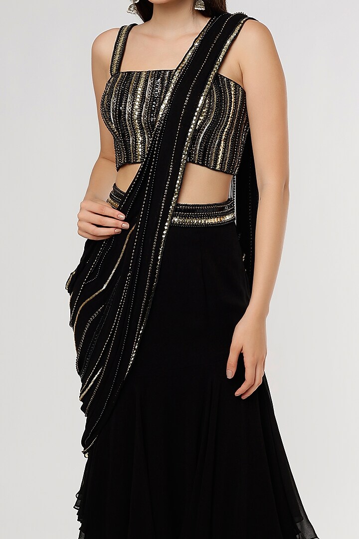 Black Georgette Tiered Wedding Saree Set by Kresha Lulla at Pernia's Pop Up Shop