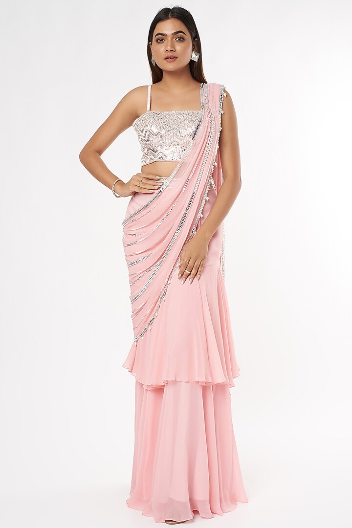 Pink Georgette Tiered Wedding Saree Set by Kresha Lulla at Pernia's Pop Up Shop
