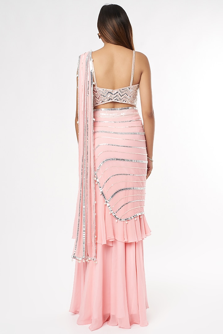Pink Georgette Tiered Wedding Saree Set by Kresha Lulla at Pernia's Pop Up Shop