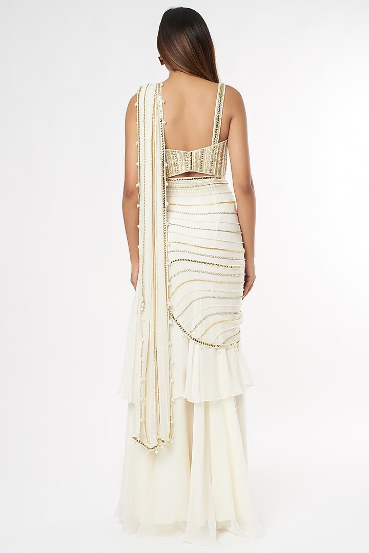 Ivory Georgette Sequins Embroidered Pre-Stitched Tiered Wedding Saree Set by Kresha Lulla at Pernia's Pop Up Shop