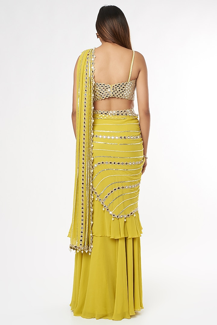Mustard Georgette Tiered Wedding Saree Set by Kresha Lulla at Pernia's Pop Up Shop
