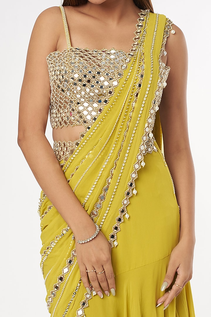 Mustard Georgette Tiered Wedding Saree Set by Kresha Lulla at Pernia's Pop Up Shop
