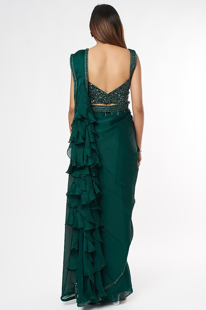 Dark Green Satin Ruffled Wedding Saree Set by Kresha Lulla at Pernia's Pop Up Shop