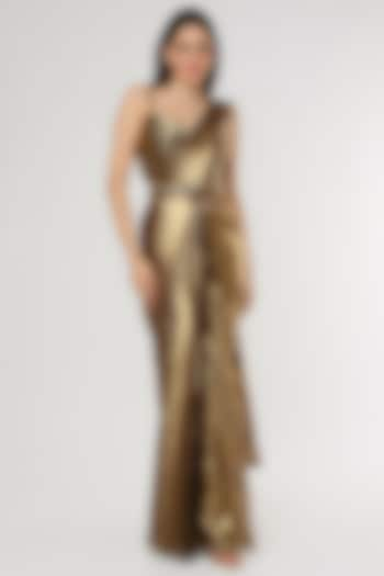 Gold Satin Ruffled Saree Set by Kresha Lulla at Pernia's Pop Up Shop