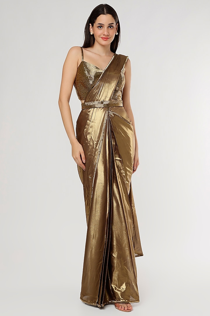 Gold Satin Ruffled Saree Set by Kresha Lulla at Pernia's Pop Up Shop