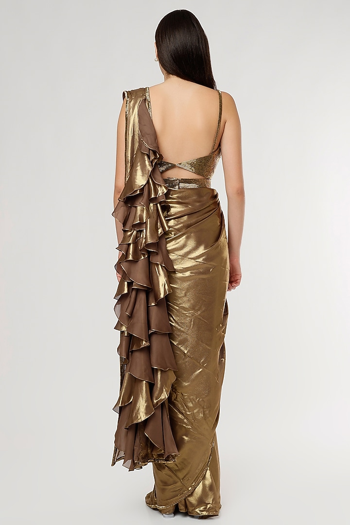 Gold Satin Ruffled Wedding Saree Set by Kresha Lulla at Pernia's Pop Up Shop
