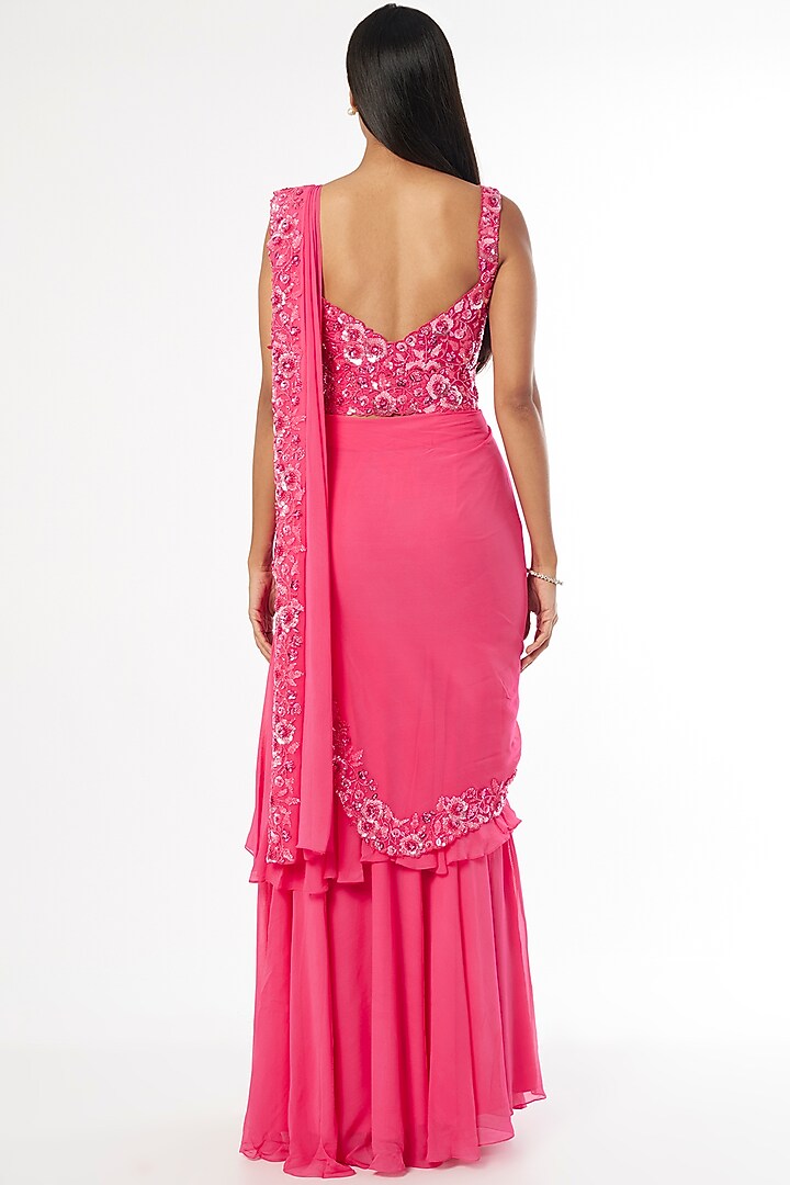 Fuchsia Pink Embroidered Tiered Wedding Saree Set by Kresha Lulla at Pernia's Pop Up Shop