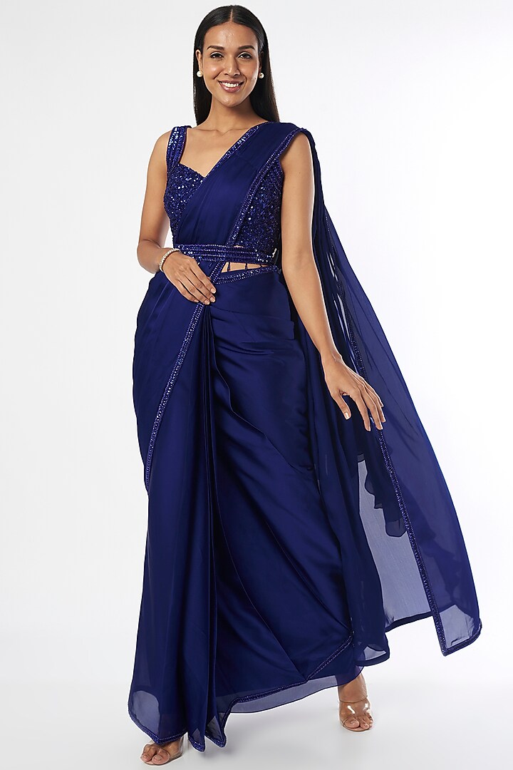Royal Blue Embroidered Wedding Saree Set by Kresha Lulla at Pernia's Pop Up Shop