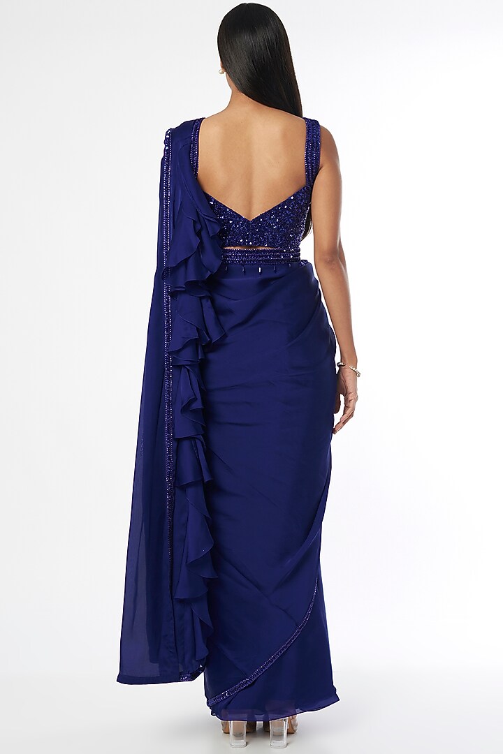 Royal Blue Embroidered Wedding Saree Set by Kresha Lulla at Pernia's Pop Up Shop