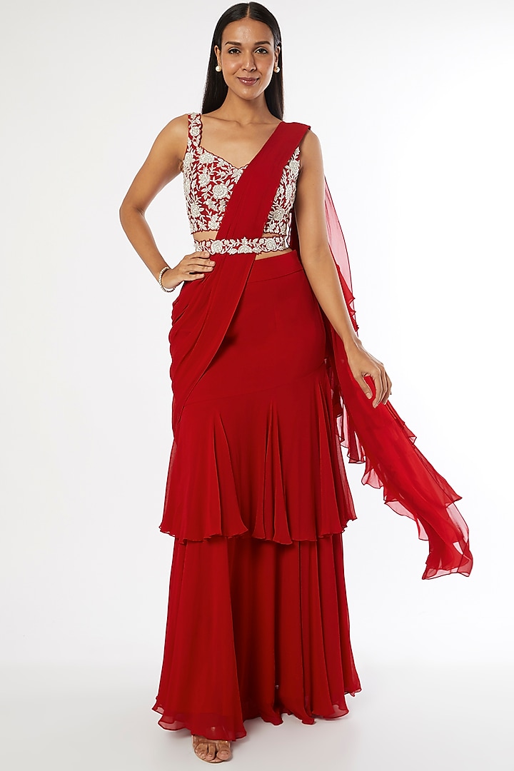 Red Tiered Ruffled Saree Set by Kresha Lulla