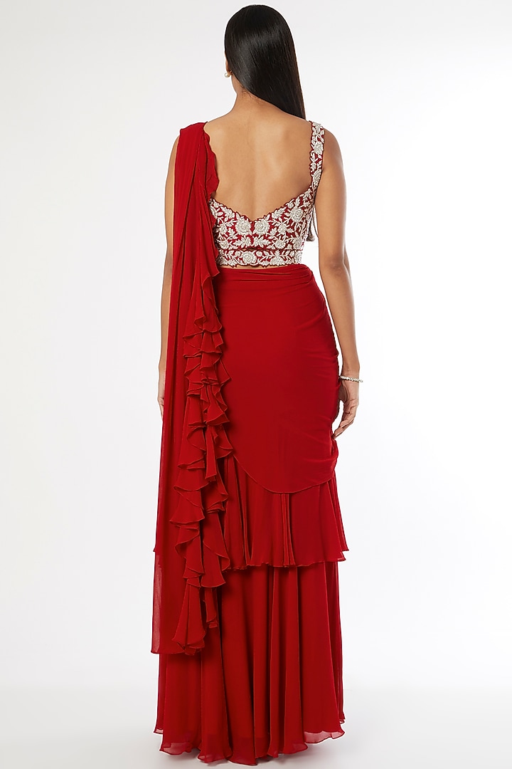 Red Tiered Ruffled Wedding Saree Set by Kresha Lulla at Pernia's Pop Up Shop