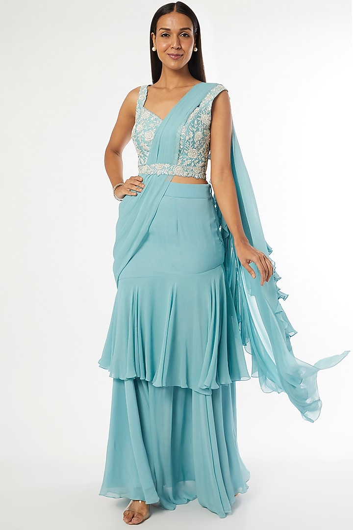 Blue Tiered Ruffled Wedding Saree Set by Kresha Lulla at Pernia's Pop Up Shop