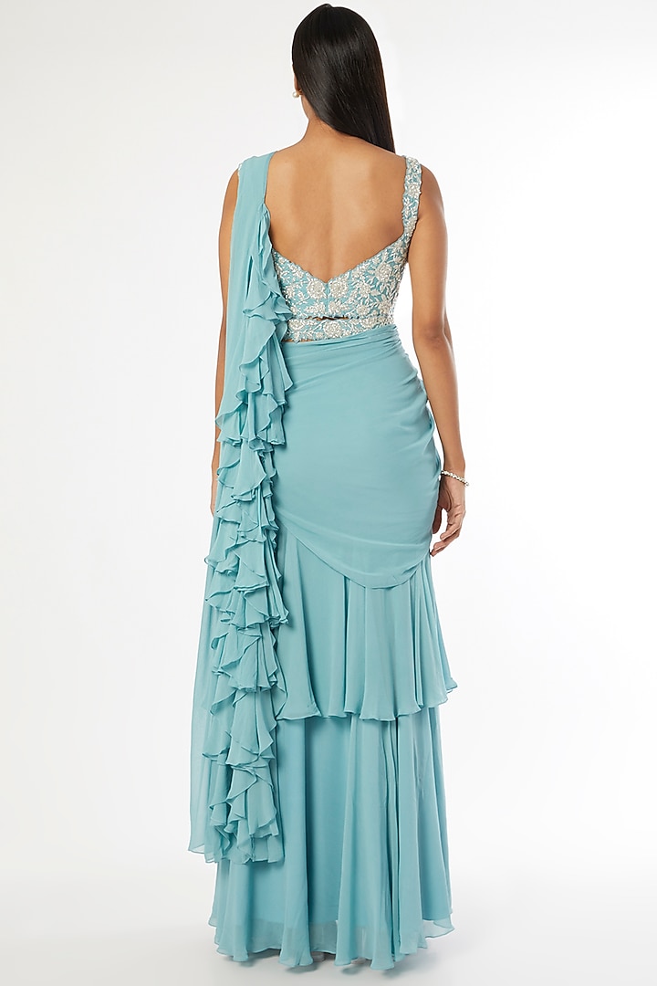 Blue Tiered Ruffled Wedding Saree Set by Kresha Lulla at Pernia's Pop Up Shop