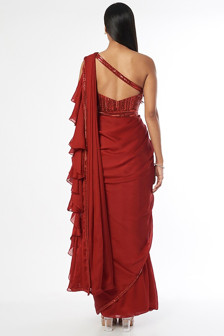 Red Satin Ruffled Wedding Saree Set by Kresha Lulla at Pernia's Pop Up Shop