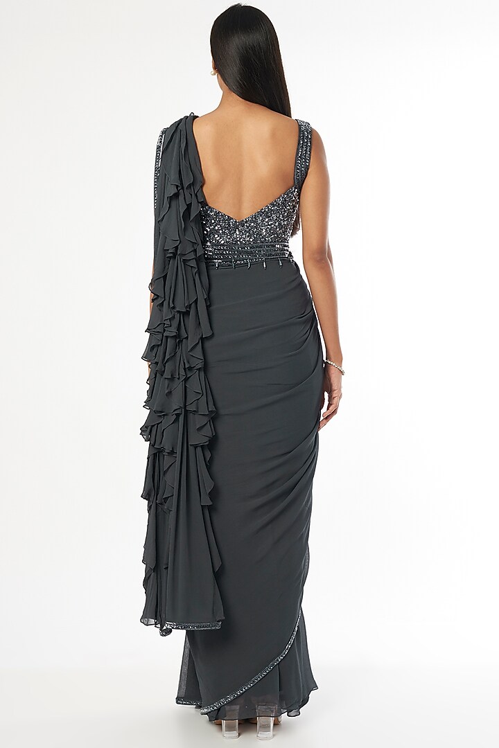Dark Grey Embroidered Wedding Saree Set by Kresha Lulla at Pernia's Pop Up Shop