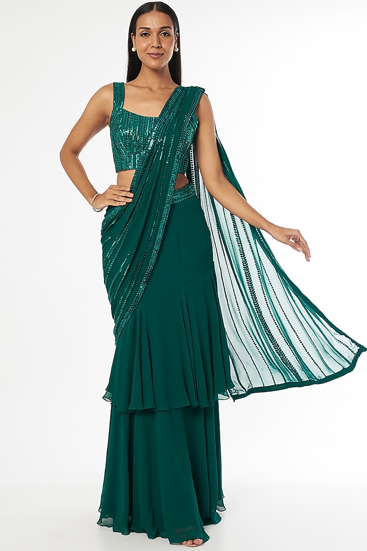 Dark Teal Green Silk Tiered Saree Set by Kresha Lulla