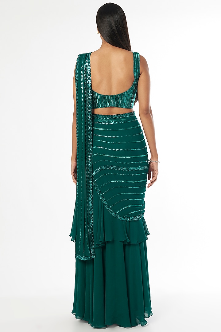 Dark Teal Green Silk Tiered Wedding Saree Set by Kresha Lulla at Pernia's Pop Up Shop