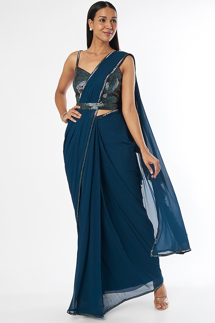 Uniform Blue Georgette Ruffled Saree Set by Kresha Lulla