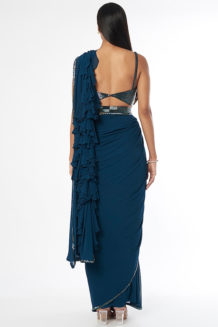 Uniform Blue Georgette Ruffled Wedding Saree Set by Kresha Lulla at Pernia's Pop Up Shop