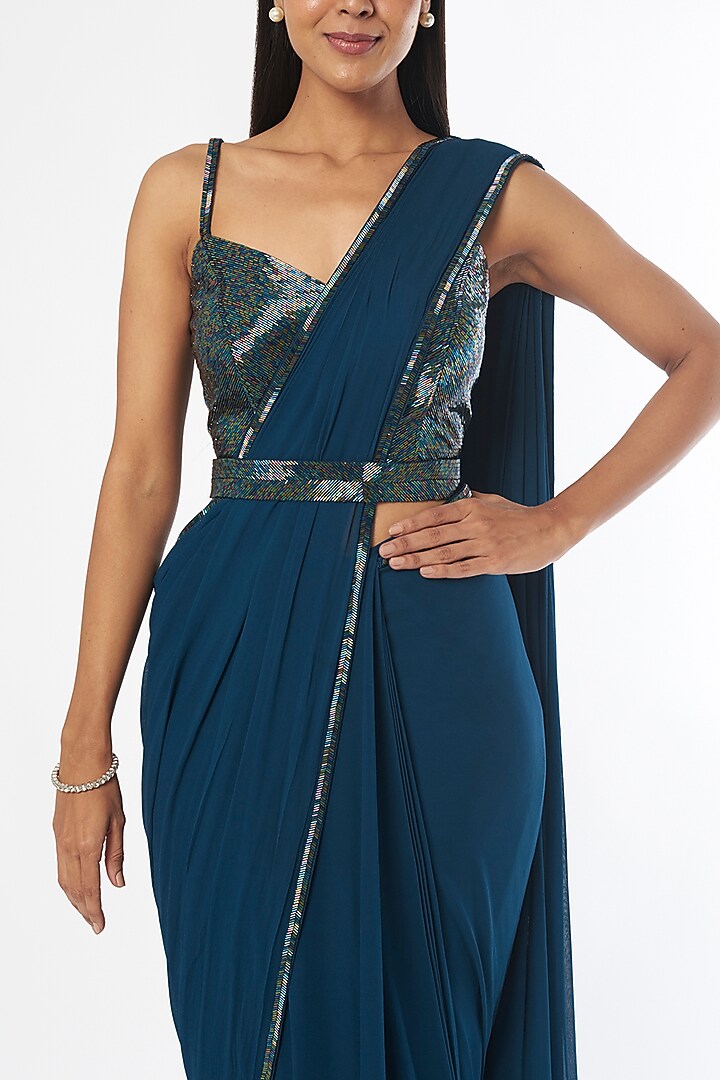 Uniform Blue Georgette Ruffled Wedding Saree Set by Kresha Lulla at Pernia's Pop Up Shop