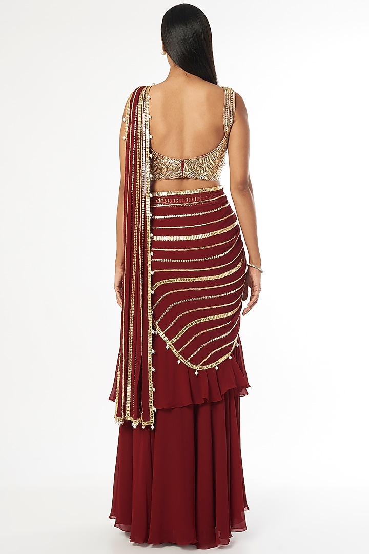 Maroon Tiered Embroidered Wedding Saree Set by Kresha Lulla at Pernia's Pop Up Shop