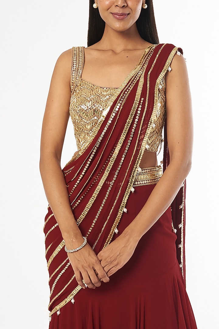 Maroon Tiered Embroidered Wedding Saree Set by Kresha Lulla at Pernia's Pop Up Shop